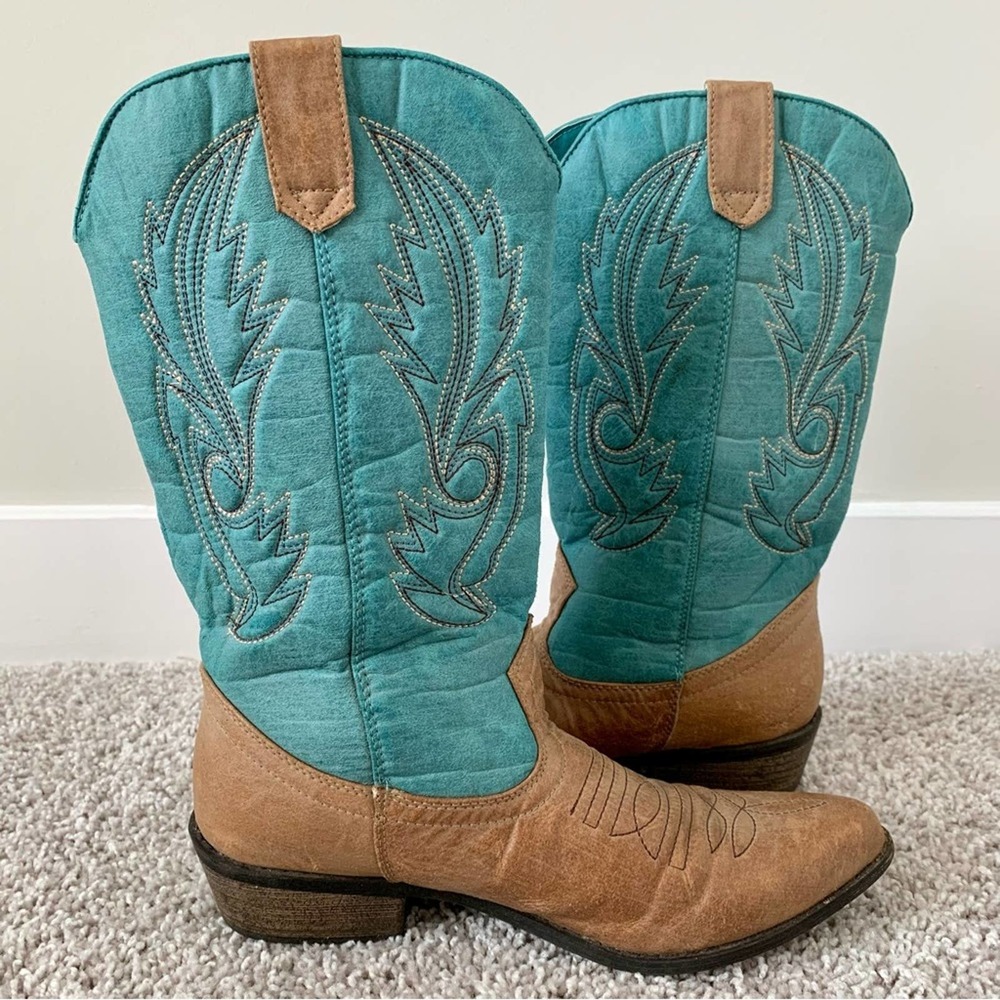 Coconuts by Matisse Gaucho Cowboy Boots Turquoise/Tan - Picture 9 of 11